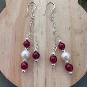 AAA Red Jade Beads Freshwater Pearl Handmade Dangle Earrings 925 Sterling Silver